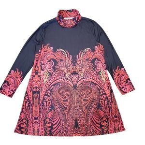 Turtle Neck Black & Red Paisley Print Long Sleeve Jersey Shift Dress Sz XL